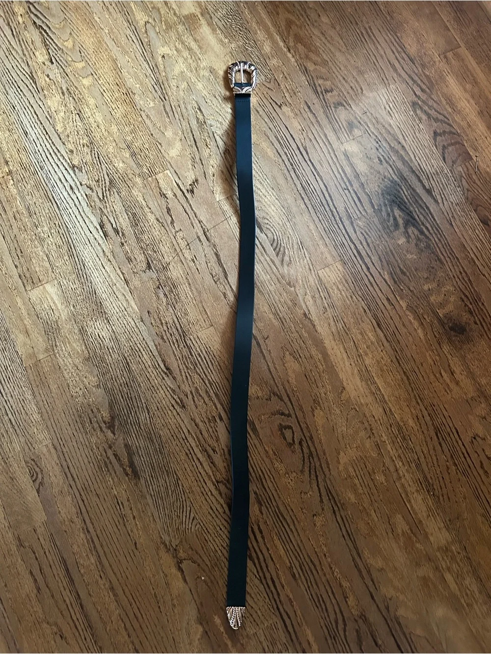 Women’s Black Leather Belt with Decorative Rose Gold Buckle